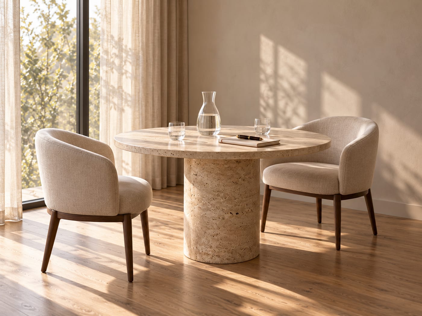 Mesa de atendimento com pasta de couro e lâmpada de latão.