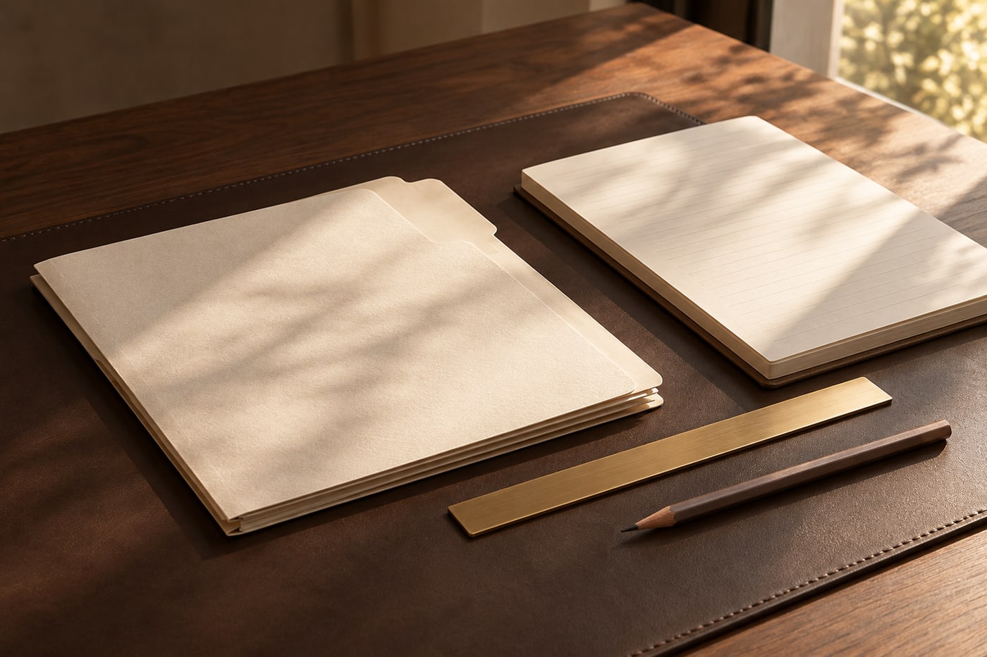 Livro-razão encadernado com lupa sobre mesa escura.